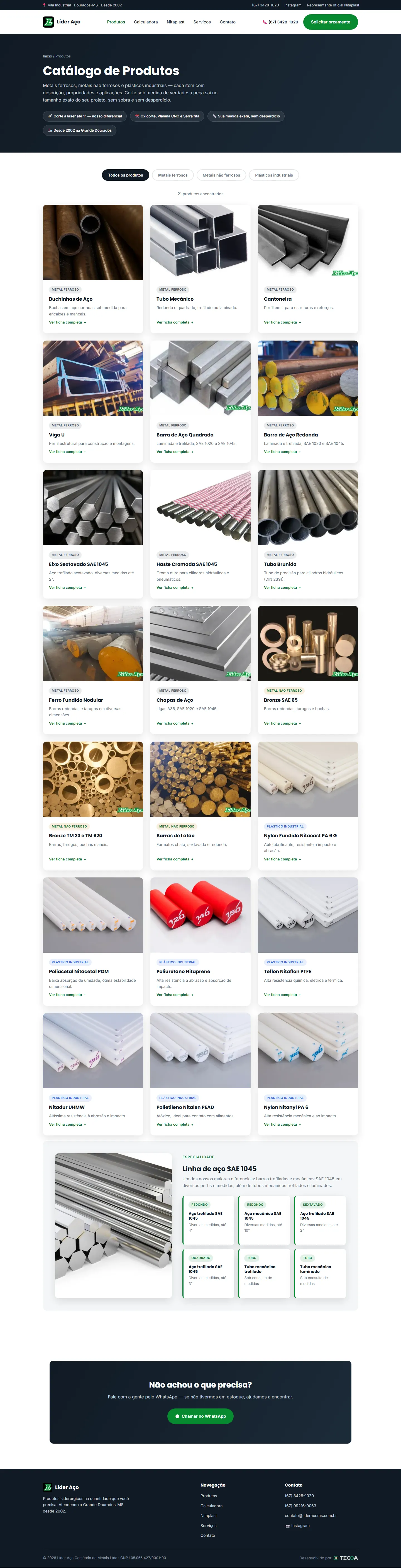 Página de produtos do site da Líder Aço